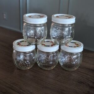 5 KERR Fruit Embossed Country Kitchen 8oz Mason Canning Jelly Jars W/Floral Lid